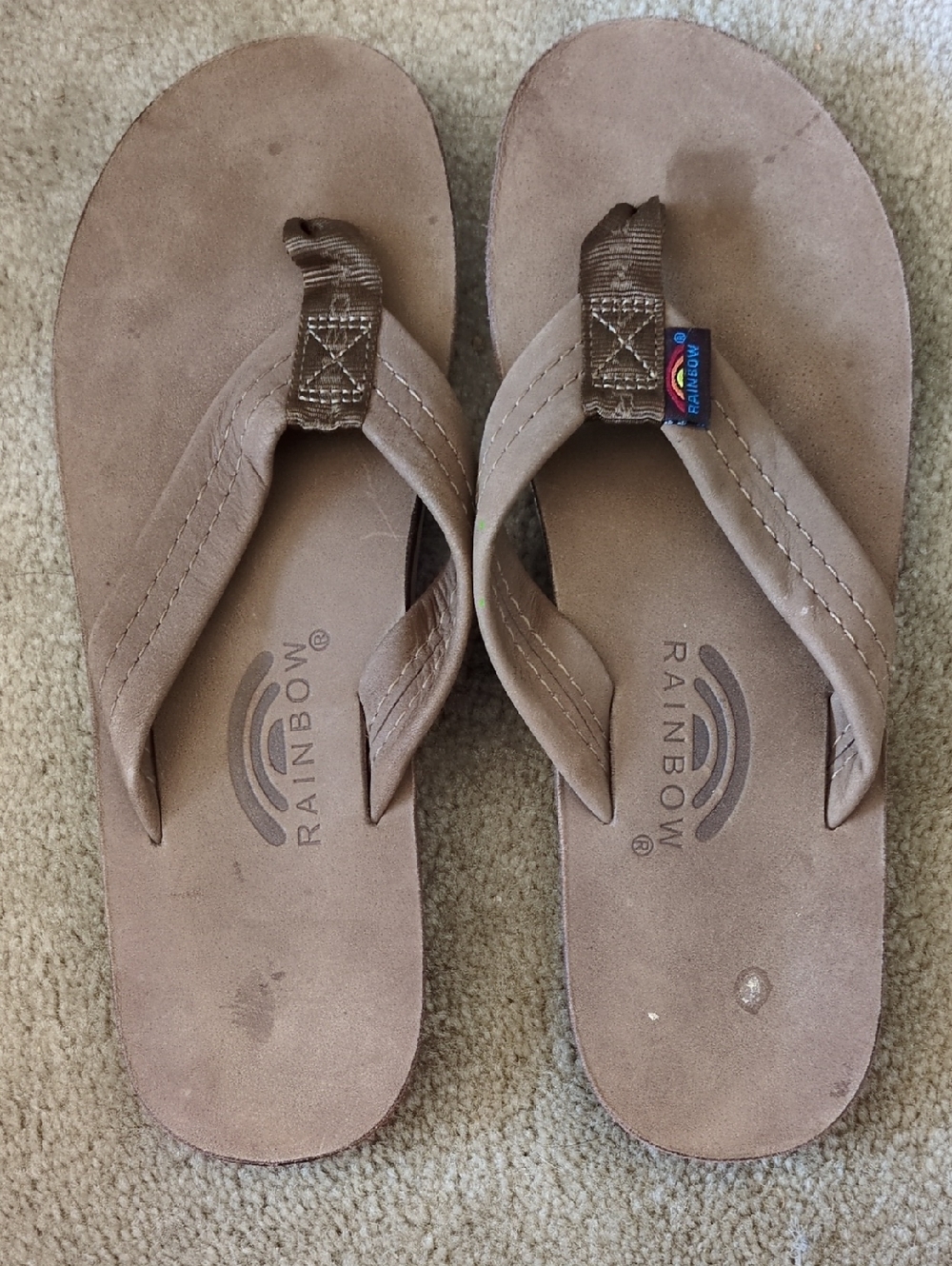 Rainbow Taupe Leather Flip Flops with Rainbow Logo Tab